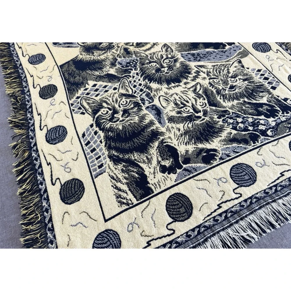 Vintage Woven Cat Kittens Throw Blanket Fringe Navy Cream 43x54 Tapestry Cottage - Picture 9 of 14